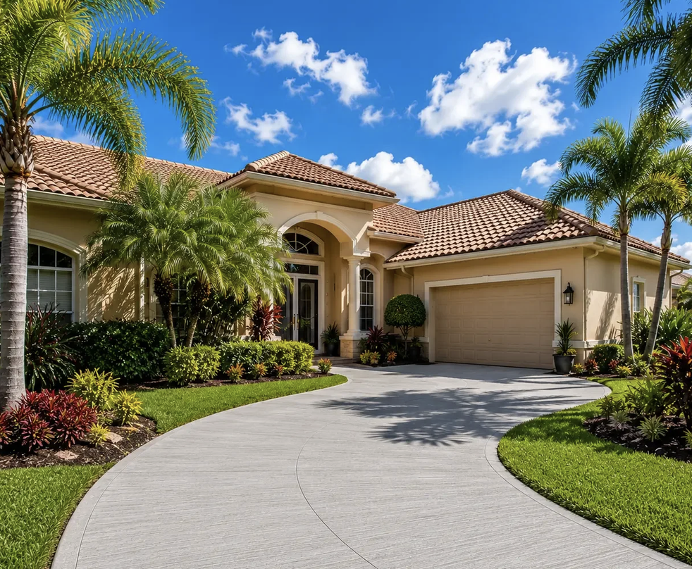Curved broom-finish concrete driveway lined with palms and tropical landscaping at a Mediterranean-style home in Saint Johns, FL