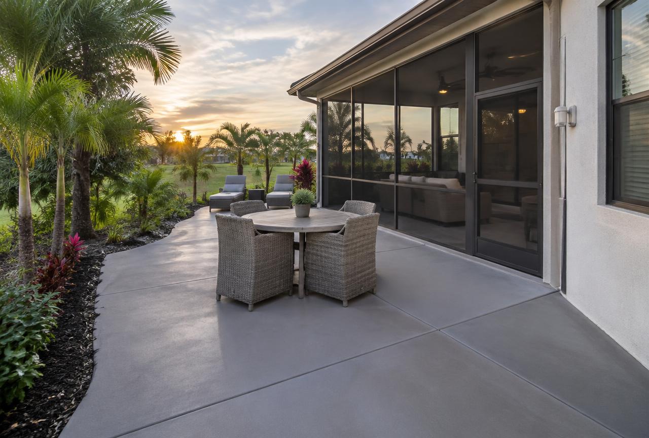 Smooth-finish backyard concrete patio next to a screened lanai