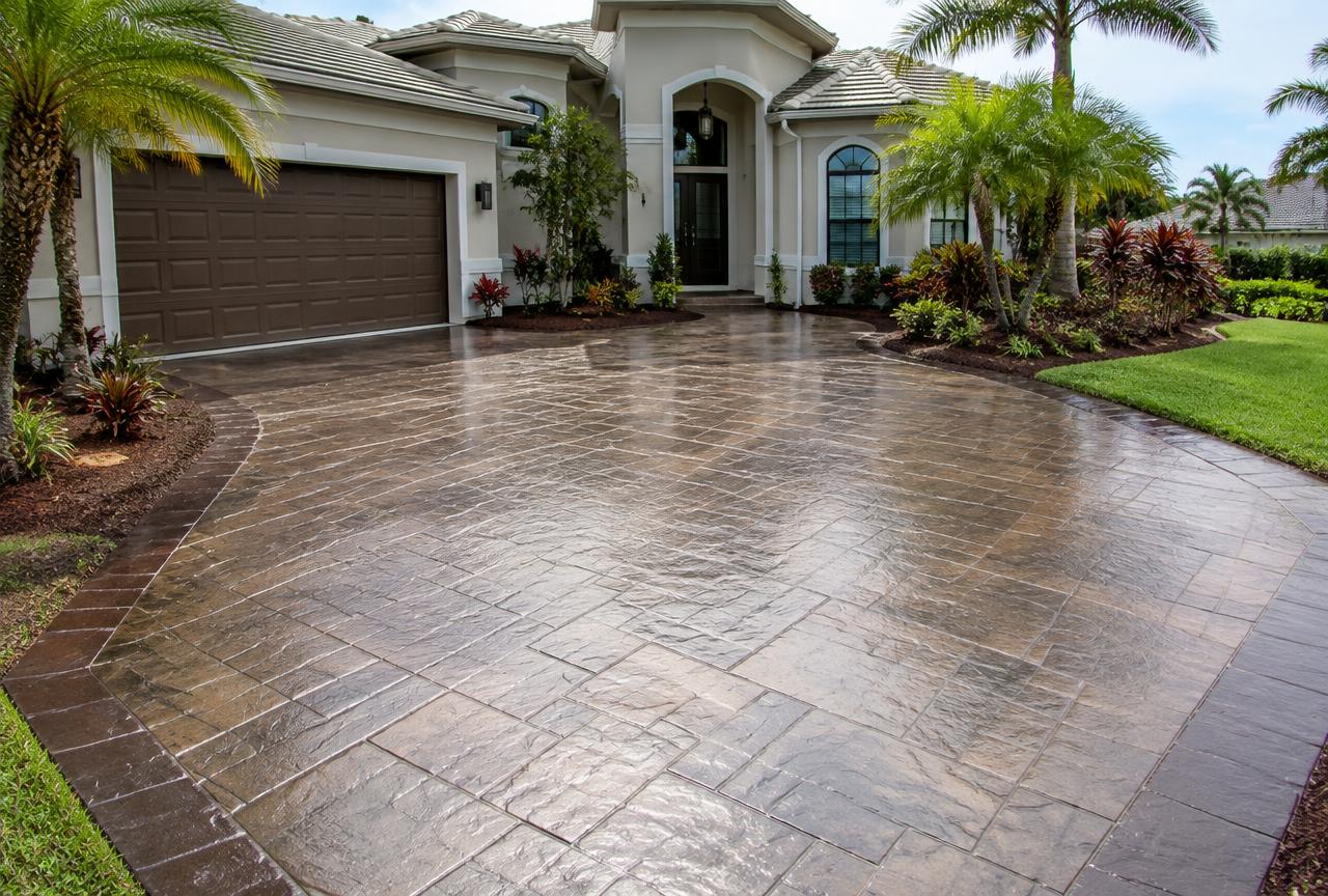 Stamped concrete driveway with a slate pattern and contrasting border